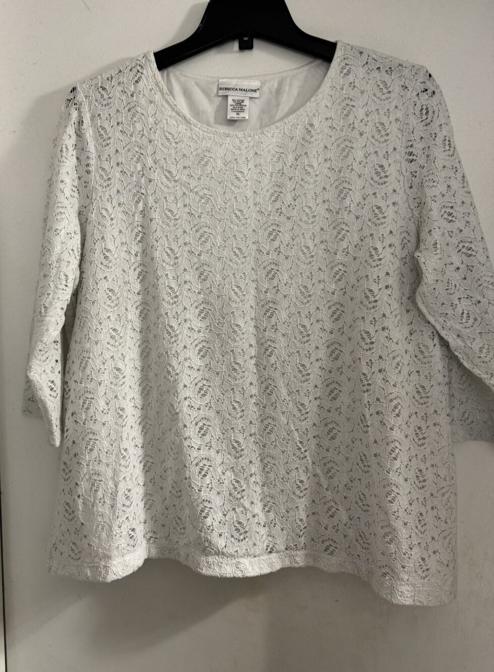 Rebecca Malone Women’s Top 3/4 Sleeve White Floral Lace Lined Size XL Summer